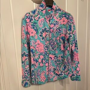 Lilly Pulitzer Pink and Blue Bomber Jacket Vibrant Floral Design